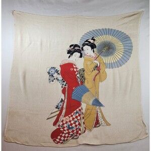 Japanese Furoshiki Wrapping Cloth Scarf with Two Geishas 27" x 27" Rayon VTG?
